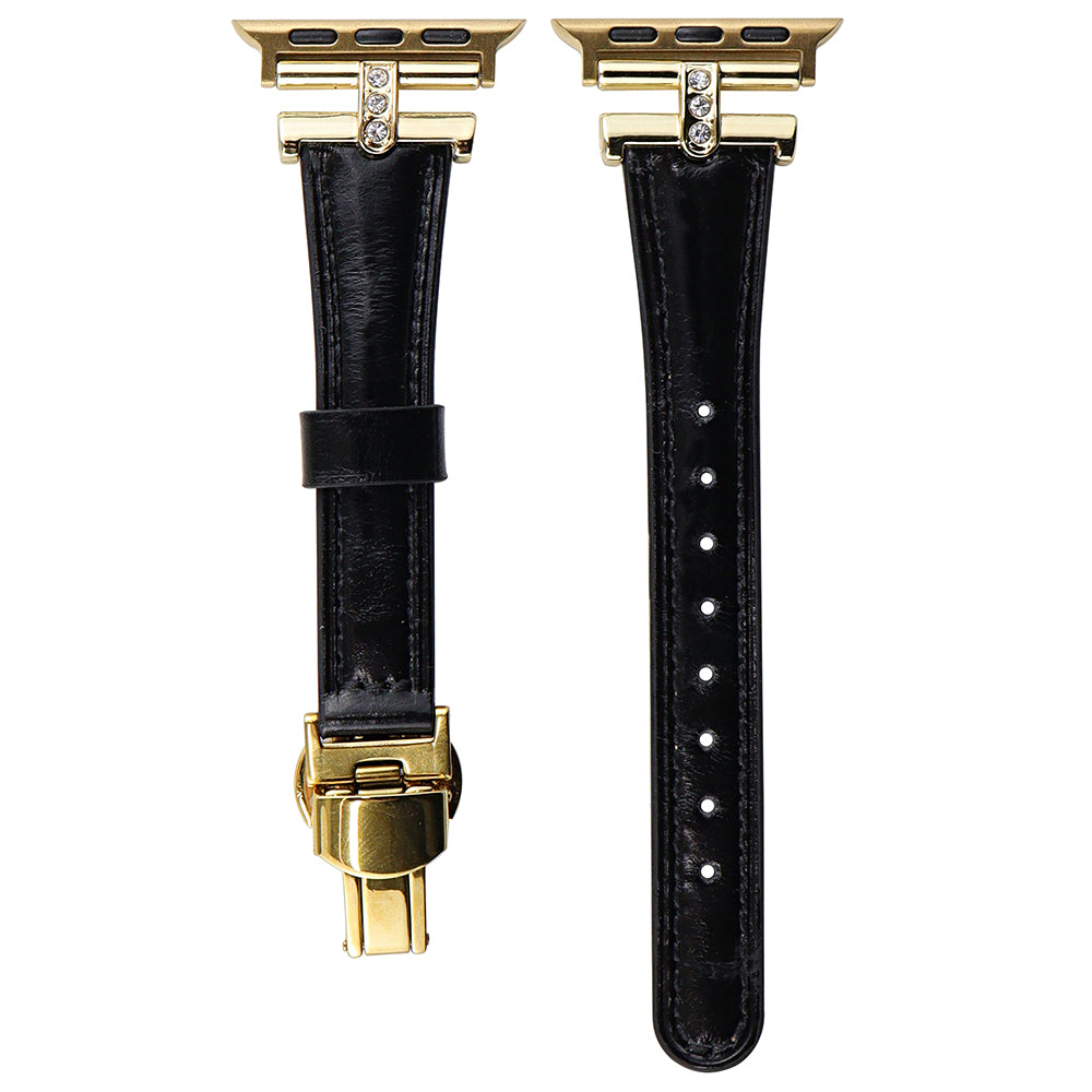 For Apple Watch Series 9 8 7 41mm / SE (2023) SE (2022) SE 6 5 4 40mm / 3 2 1 38mm Rhinestone Decor Strap Genuine Cow Leather Band - Black For Apple Watch Series 9 8 7 41mm / SE (2023) SE (2022) SE 6 5 4 40mm / 3 2 1 38mm Rhinestone Decor Strap Genuine Cow Leather Band - Black